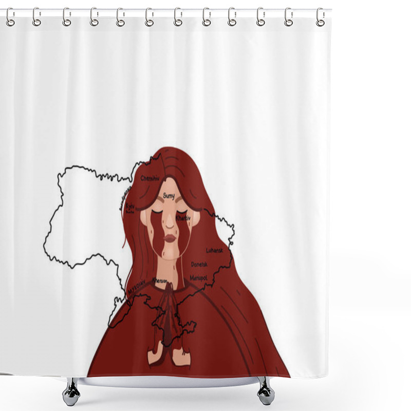 Personality  Illustration Of Crying Ukrainian Woman Praying Near Map Of Country On White Shower Curtains