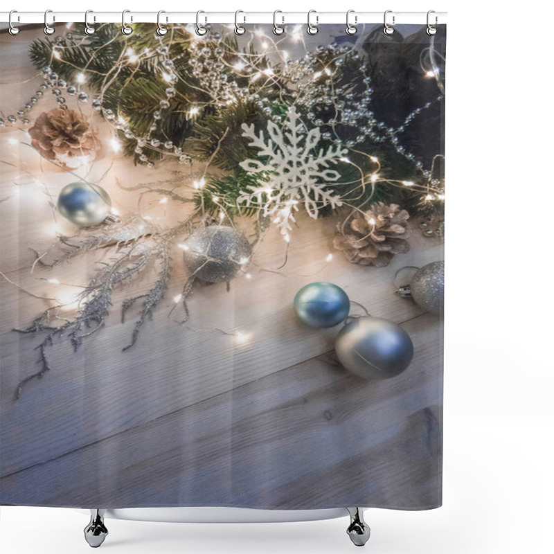 Personality  Winter Still Life With Garland, Balls, Pine And Cones On A White Wooden Background Top View. Christmas Shower Curtains