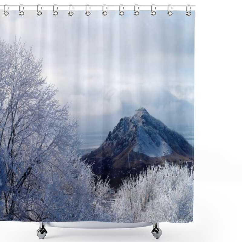 Personality  Frosty Snowy Trees, Hills And Mount Beshtau On Cloudy Sky Background Outdoors Shower Curtains