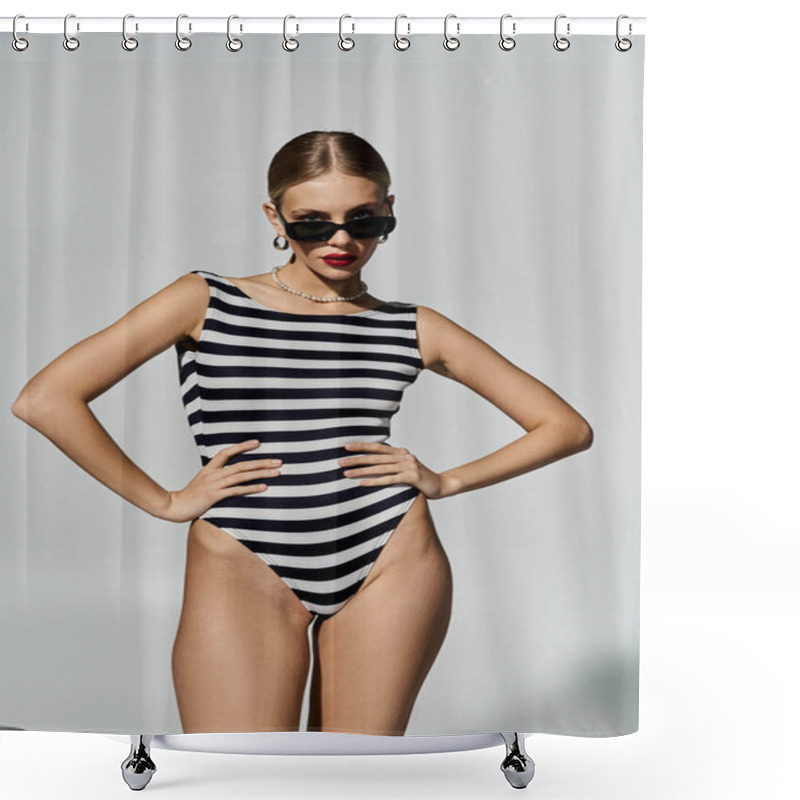 Personality  A Stylish Woman With Blonde Hair Posing In A Black And White Striped One-piece Swimsuit. Shower Curtains