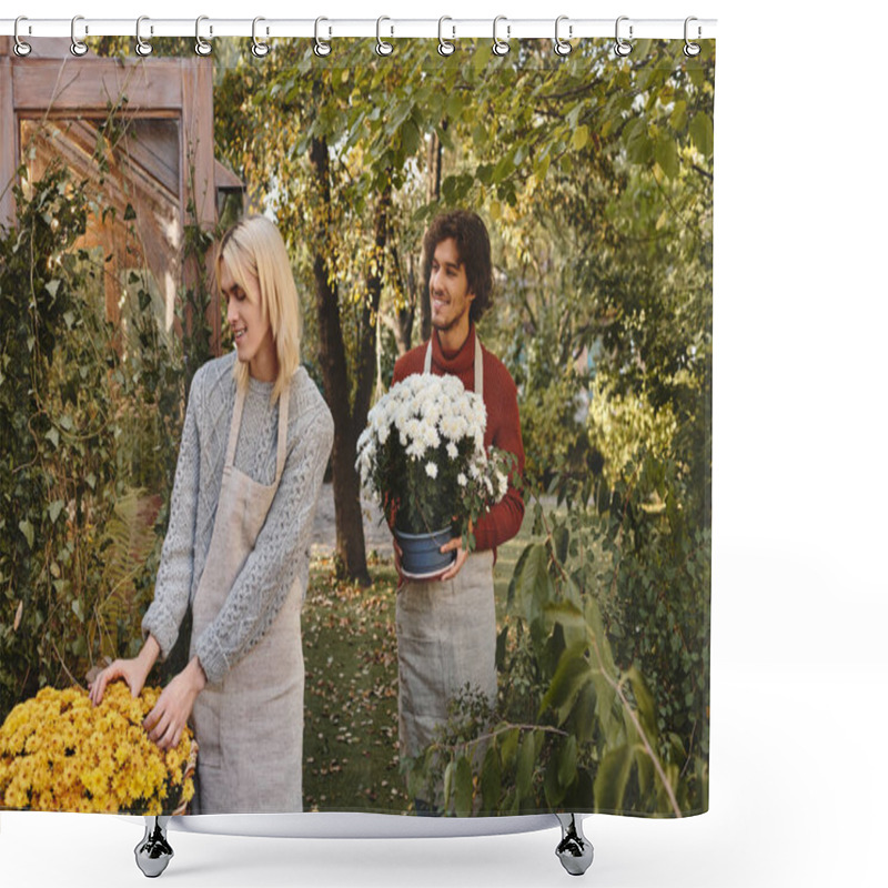 Personality  In A Sunlit Garden, A Young Couple Smiles As They Tend To Colorful Flowers. With Aprons On, They Joyfully Plant Chrysanthemums, Surrounded By Lush Greenery And The Warmth Of Nature. Shower Curtains