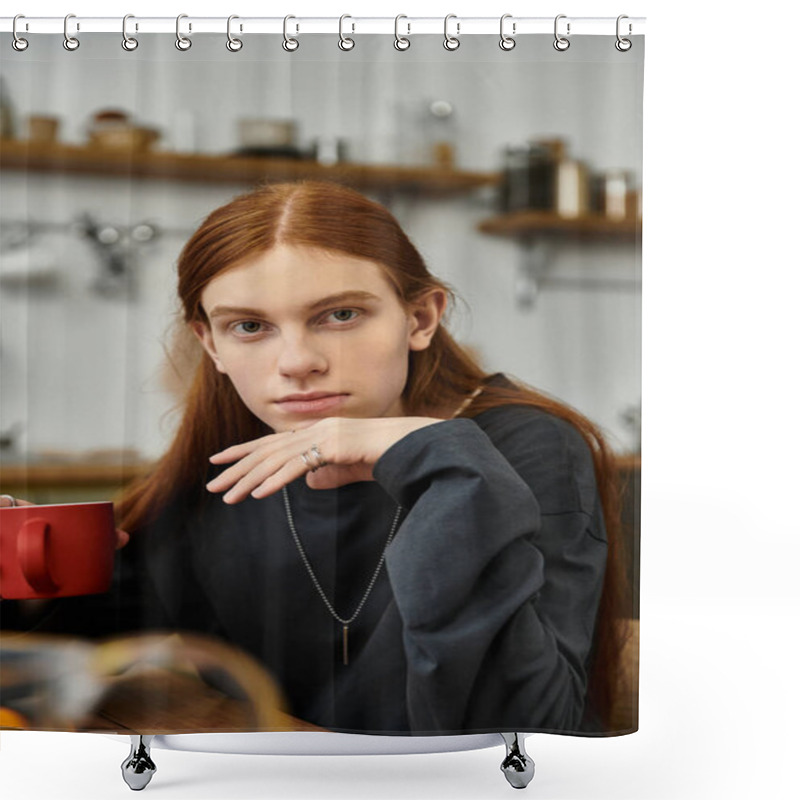 Personality  Relaxed Young Guy With Long Hair Savors A Warm Drink In His Modern Apartment Setting. Shower Curtains