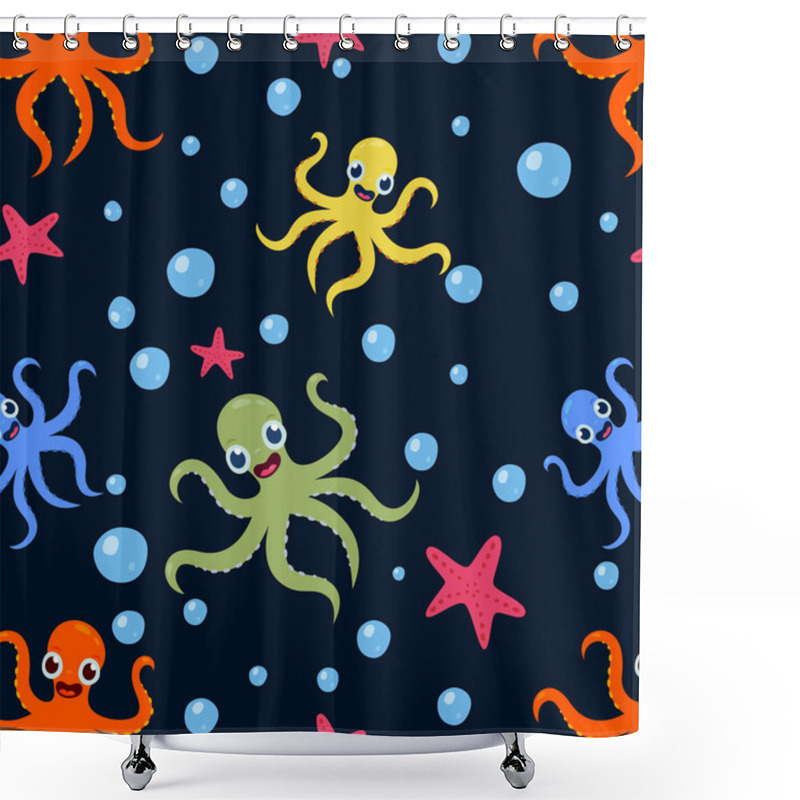 Personality  Seamless Underwater Pattern With Cute Octopuses Vector Cartoon Illustration Shower Curtains