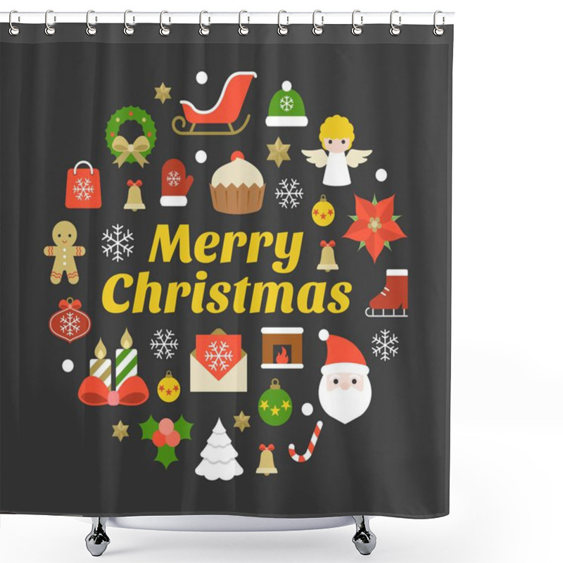 Personality  Merry Christmas Typography Font And Icon On Black Background, Flat Design Poster Pictogram Shower Curtains