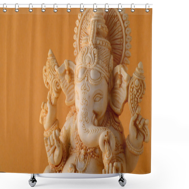 Personality  Hindu God Ganesha. Ganesha Idol With Flowers On Yellow Background. Shower Curtains