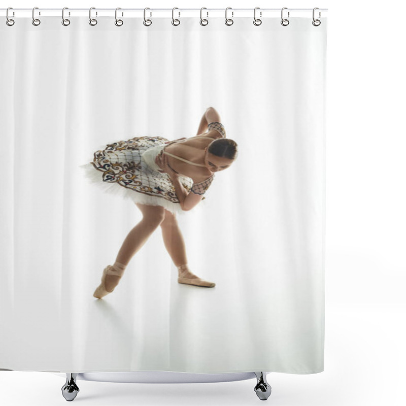 Personality  Young Beautiful Ballerina In A White Dress Dances Gracefully. Shower Curtains