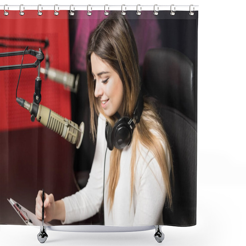 Personality  Portrait Of Young Female Radio Host At Radio Station With Headphones And Microphone Shower Curtains