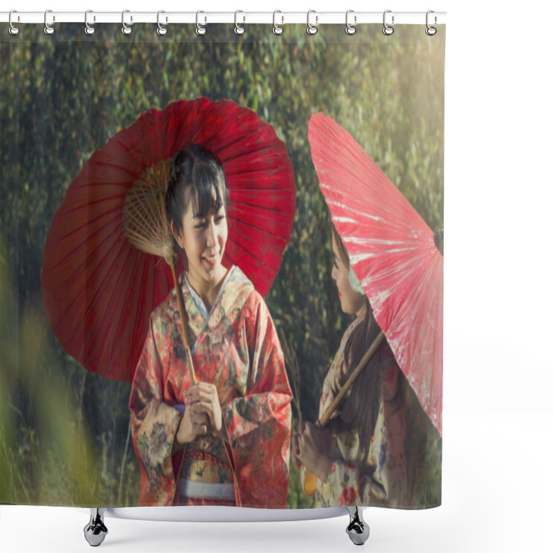 Personality   Girls In Kimonos Acting Smile Shower Curtains