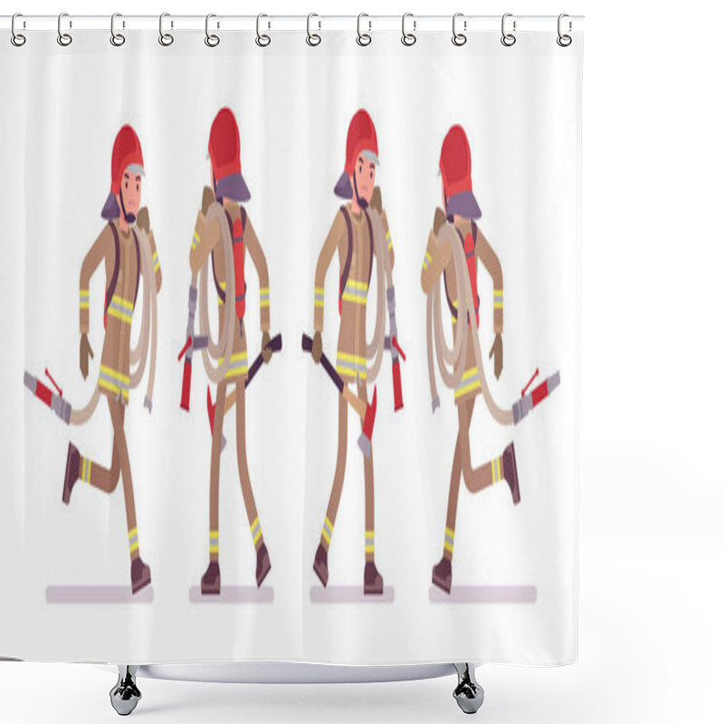 Personality  Young Male Firefighter Running With Hose Shower Curtains