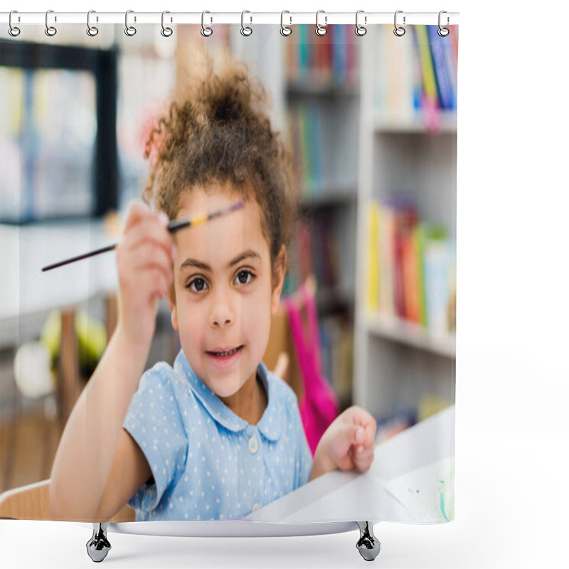 Personality  Selective Focus Of Happy African American Kid Holding Paintbrush  Shower Curtains