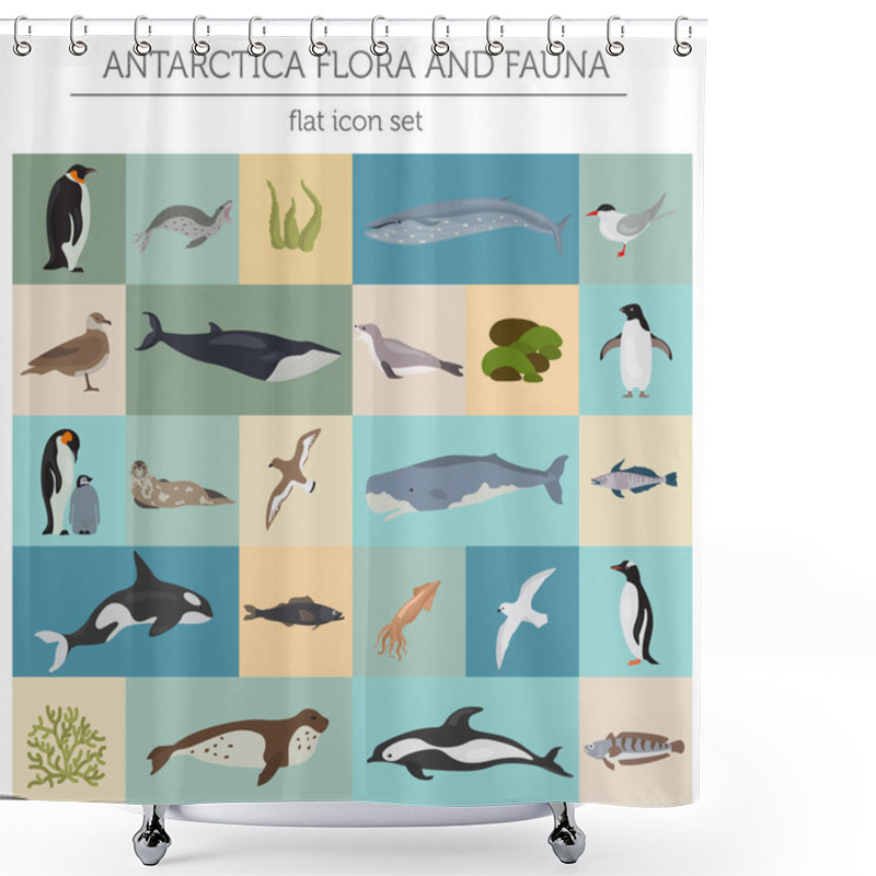 Personality  Antarctic, Antarctica,  Flora And Fauna Map, Flat Elements. Anim Shower Curtains