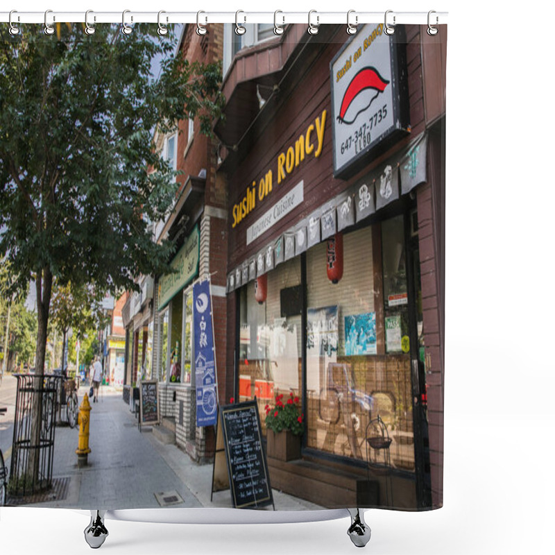 Personality  TORONTO, CANADA - AUGUST 21, 2017: ROW OF STORES ON EAST SIDE RONCESVALLES AVENUE Shower Curtains