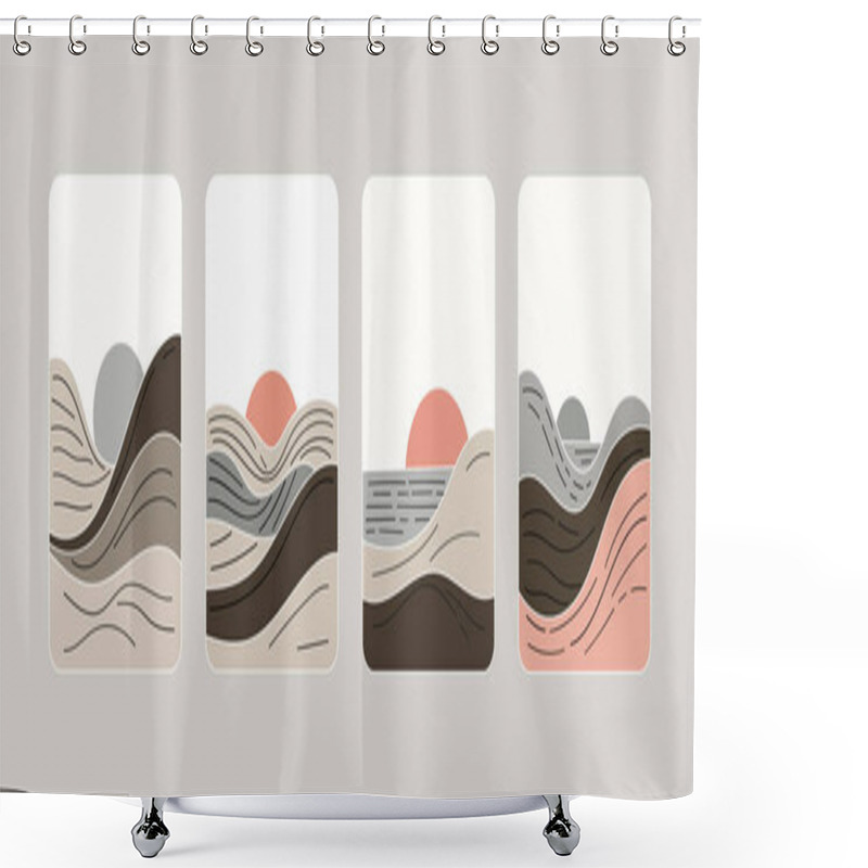 Personality  Vector Illustration. An Abstract Sunset With Soft Mountain Lines And A Smooth Transition From Dark To Light Shades. Natural Earth Colors Are Used. Shower Curtains