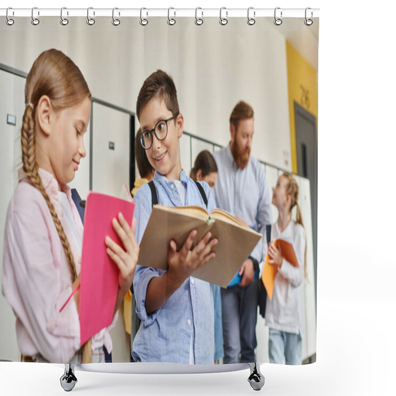 Personality  A Group Of Children Stand Next To Each Other In A Bright, Lively Classroom, While Their Teacher Watches On. Shower Curtains