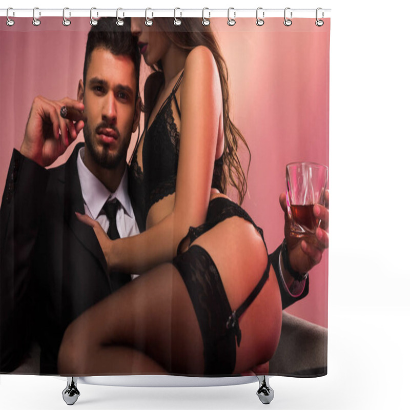 Personality  Young Handsome Businessman Sitting On Armchair With Beautiful Girl In Lingerie Shower Curtains