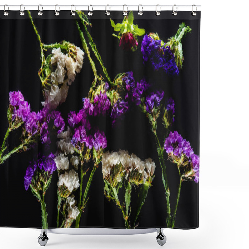 Personality  Top View Of Pink, Blue And White Wildflowers Isolated On Black Background Shower Curtains