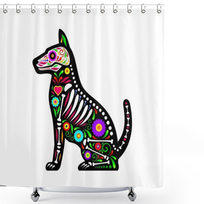 Personality  Mexican Dog Animal Tattoo, Day Of The Dead Sugar Skull Pet. Isolated Vector Dia De Los Muertos Puppy Shape With Vibrant Floral Motifs And Bones Symbolizing Remembrance And Celebration Of Deceased Dogs Shower Curtains