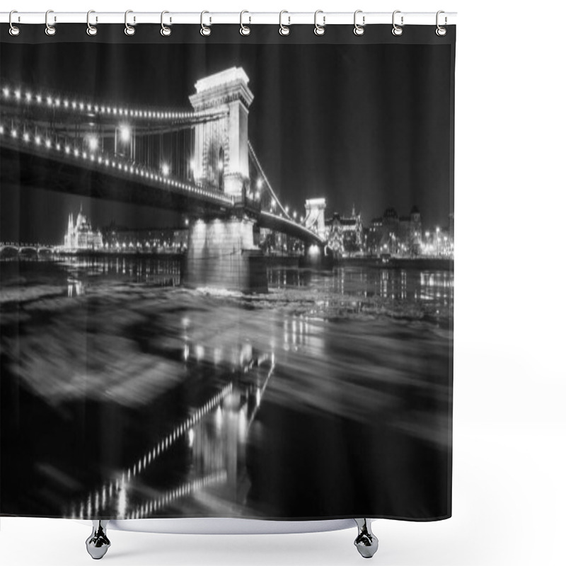 Personality  Chain Bridge In Budapest With The Parliament At Night In Black And White Shower Curtains