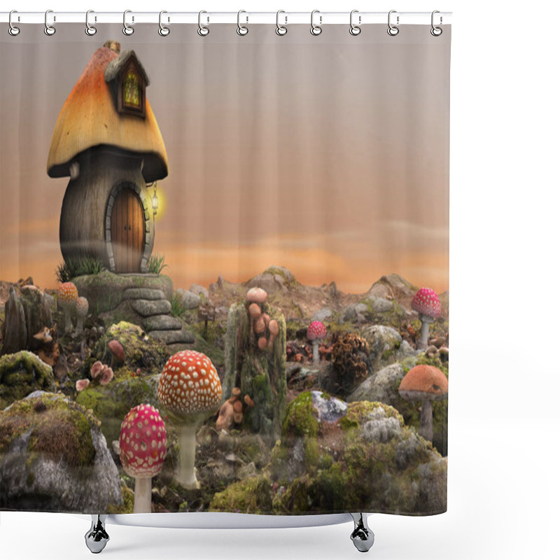 Personality  High Detail Fantasy Scene Of A Magical Fairy Mushroom House, Landscape, 3d Render Shower Curtains