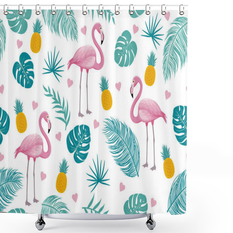 Personality  Summer Seamless Pattern Of Flamingo And Tropical Leaves Vector Illustration Shower Curtains