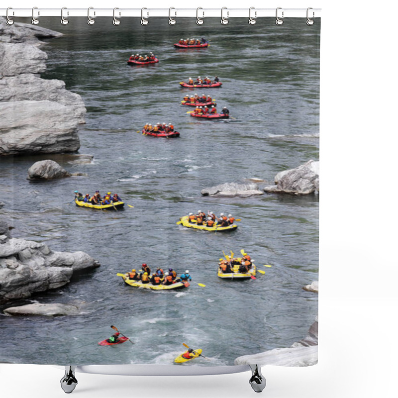 Personality  KOBOKE, TOKUSIMA, JAPAN - AUGUST 14, 2018: Water Rafting On The Rapids Of River Yosino On August 6, 2018 In Koboke Canyon, Japan. Yosino River Is One Of The Most Popular Among Rafters In Japan. Shower Curtains