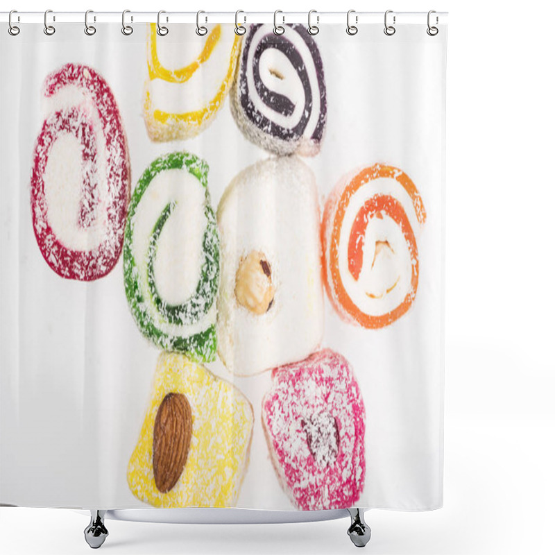 Personality  Top View Of Assorted Delicious Turkish Delight In Coconut Flakes Isolated On White Shower Curtains