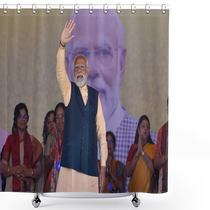 Personality  NORTH 24 PARGANAS, INDIA - MARCH 6, 2024: Prime Minister Narendra Modi Greets Supporters During Narishakti Vandana Rally Organised By Bharatiya Janata Party And Bharatiya Janata Mohila Morcha At Barasat   Shower Curtains