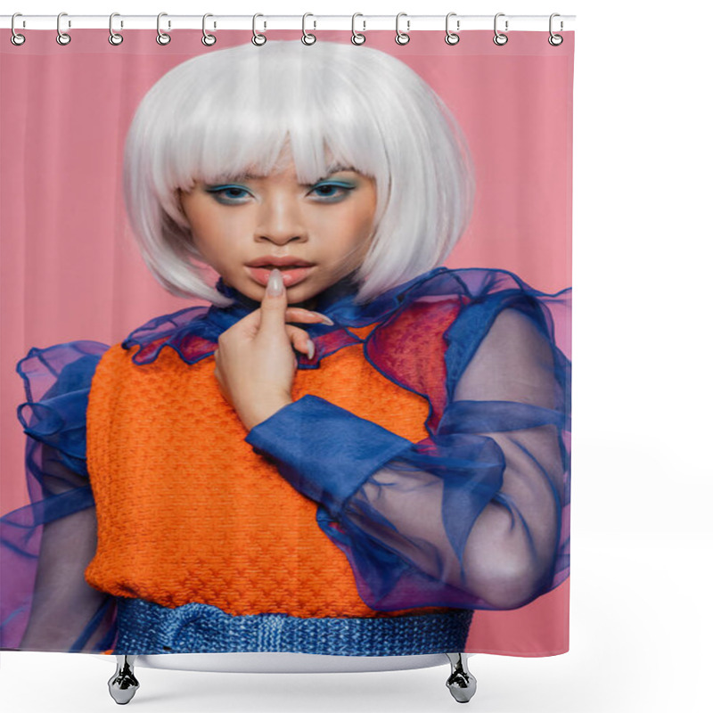 Personality  Stylish Asian Model In Pop Art Style Touching Lips Isolated On Pink  Shower Curtains