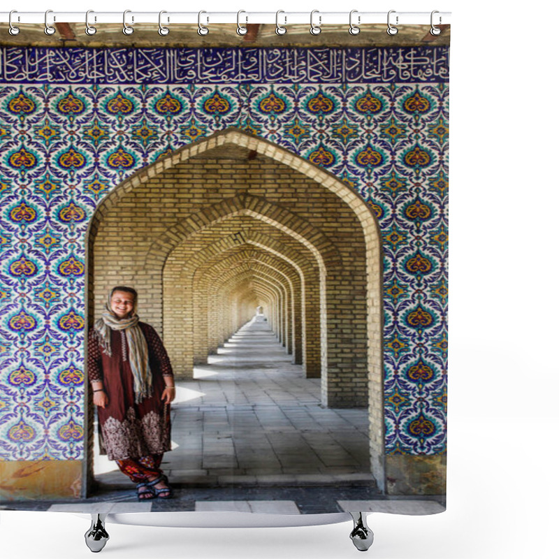 Personality  White Girl Tourist With A Head Covered Stands Near The Beautiful Gate Decorated In Persian Style In Tehran Shower Curtains