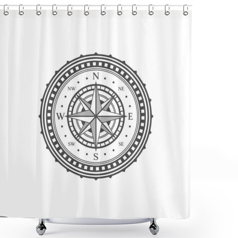 Personality  Medieval Compass Sign, Geography Symbol. Travel Direction Icon, Navigation Rose Wind Vintage Vector Symbol. Marine Travel Medieval Sign Or Antique Map Windrose Star Emblem Shower Curtains