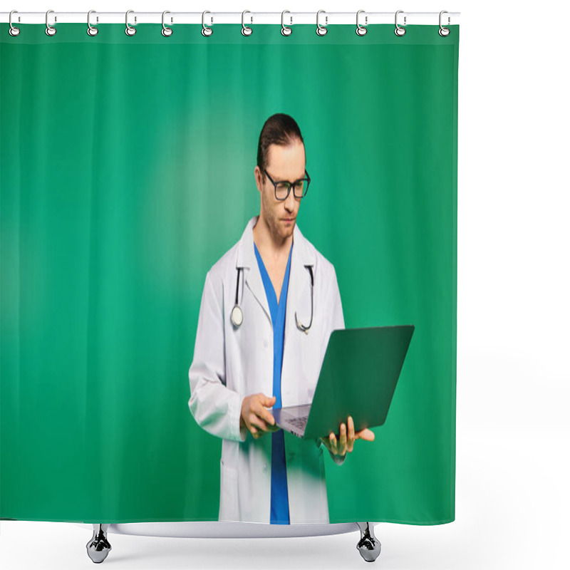 Personality  Handsome Doctor In White Coat Holding Laptop On Green Backdrop. Shower Curtains