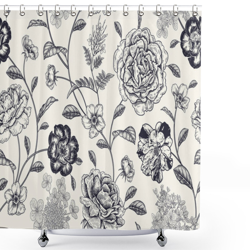 Personality  Vintage Seamless Pattern. Floral Black White Background. Flowers Roses, Peonies, Hydrangea And Jasmine. Handmade Graphics. Victorian Style. Textiles, Paper, Wallpaper Decoration. Ornamental Cover. Shower Curtains