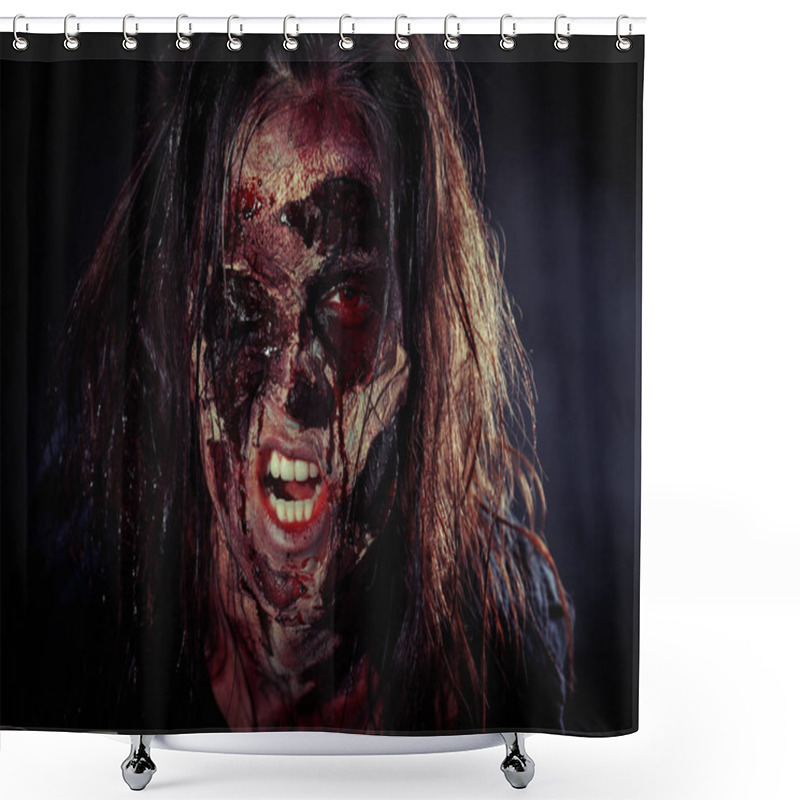 Personality  Scary Zombie On Dark Background, Closeup. Halloween Monster Shower Curtains