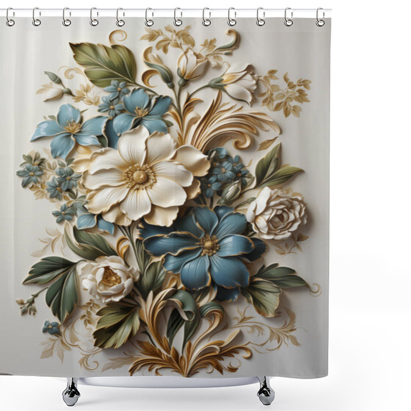 Personality  A Lavish Floral Relief Artwork With Gold Accents And Blue Blossoms, Embodying Baroque Richness And Botanical Beauty Shower Curtains