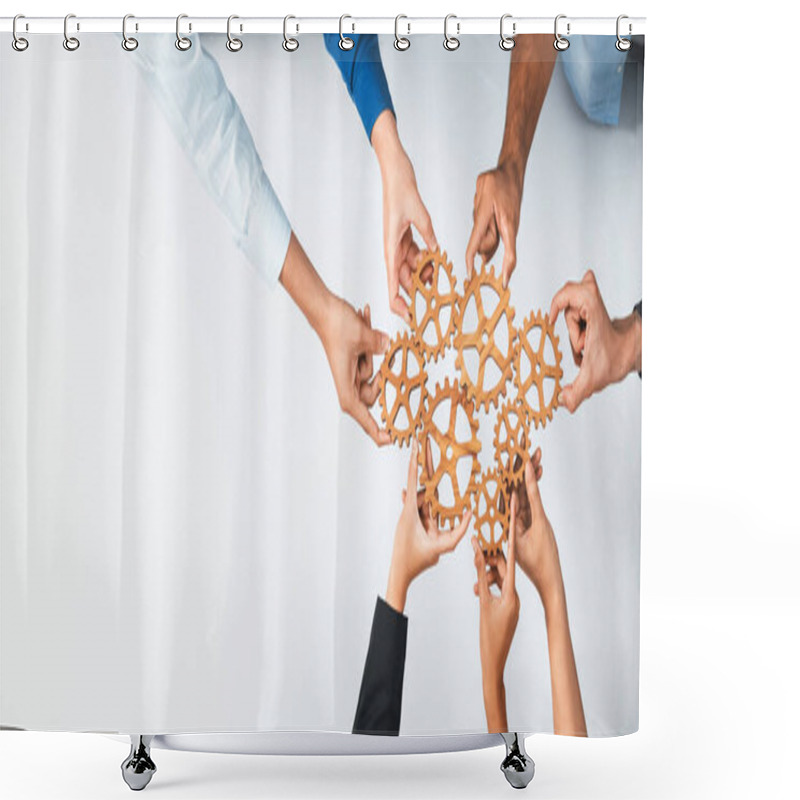 Personality  Top Panorama Banner Of Business Team Joining Cogwheel In Circular Together Symbolize Successful Group Of Business Partnership And Collective Teamwork In Workplace With Productive Efficiency. Prudent Shower Curtains