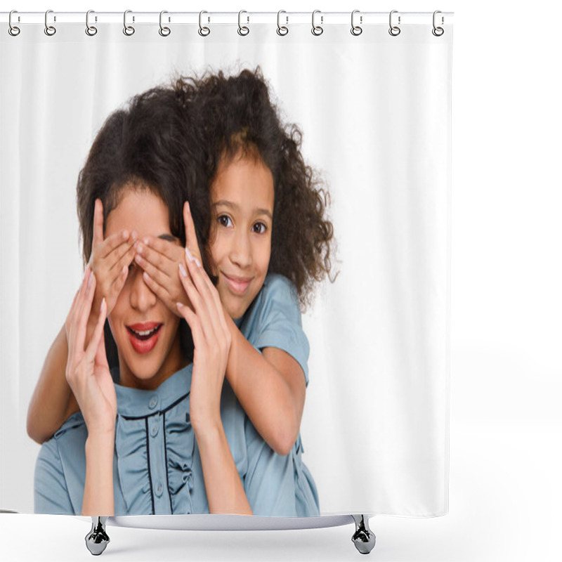 Personality  Daughter Covering Eyes Of Surprised Mother With Hands Isolated On White Shower Curtains