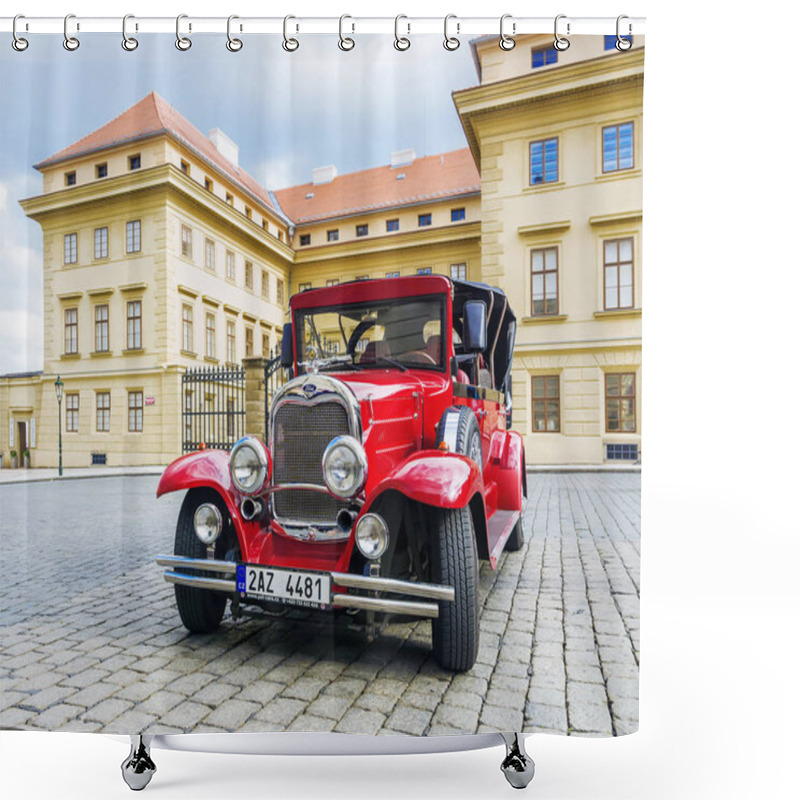 Personality  PRAGUE, CZECH REPUBLIC - MAY 17, 2016: A Red Retro Car On The St Shower Curtains