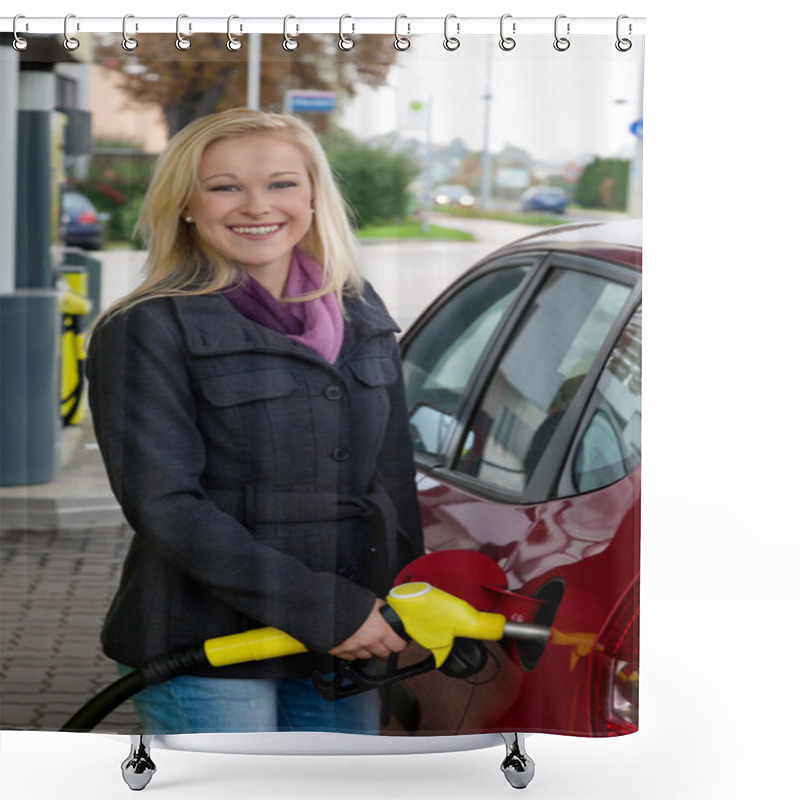 Personality  Woman At Refuel At Petrol Station Shower Curtains