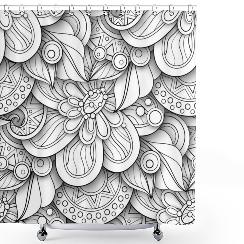 Personality  Monochrome Seamless Pattern With Floral Motifs. Endless Texture With Flowers And Leaves In Doodle Line Style Shower Curtains