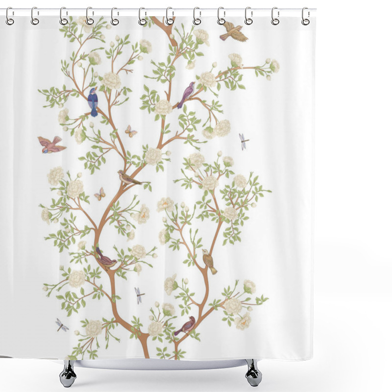 Personality  Camellia Blossom Tree With Sparrow, Finches, Butterflies, Dragonflies Shower Curtains