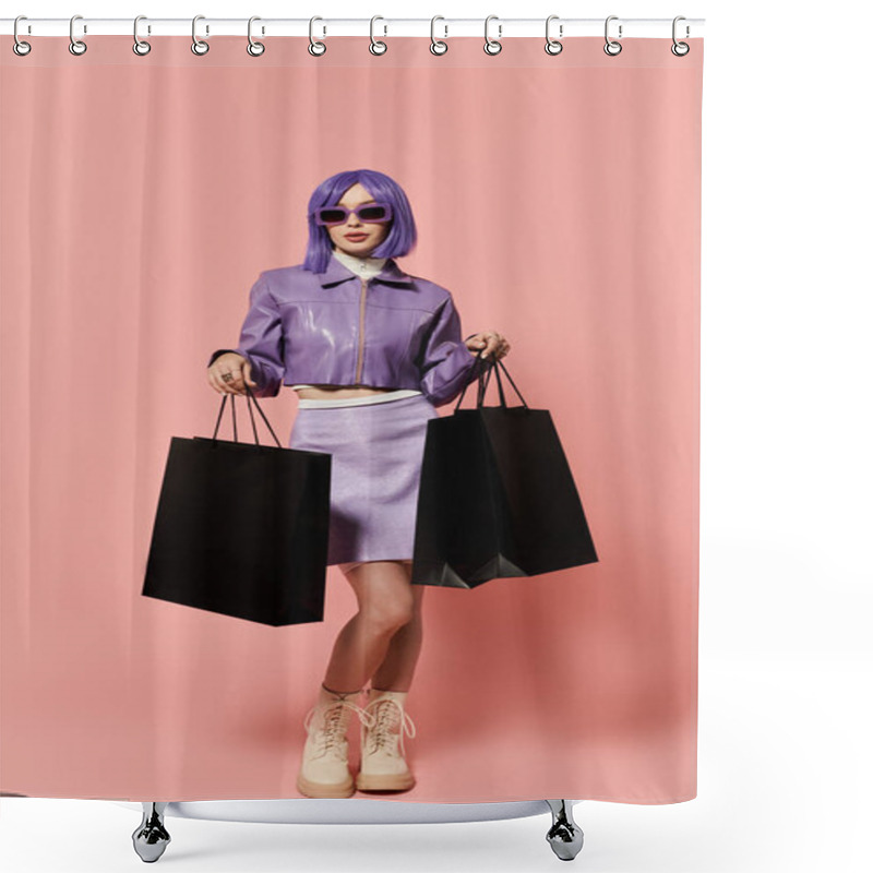 Personality  A Stylish Woman With Purple Hair Poses Confidently With Shopping Bags In A Chic Outfit. Shower Curtains