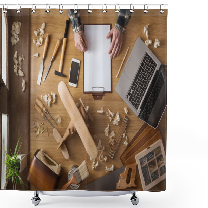 Personality  Man Sketching A DIY Project At Home Shower Curtains