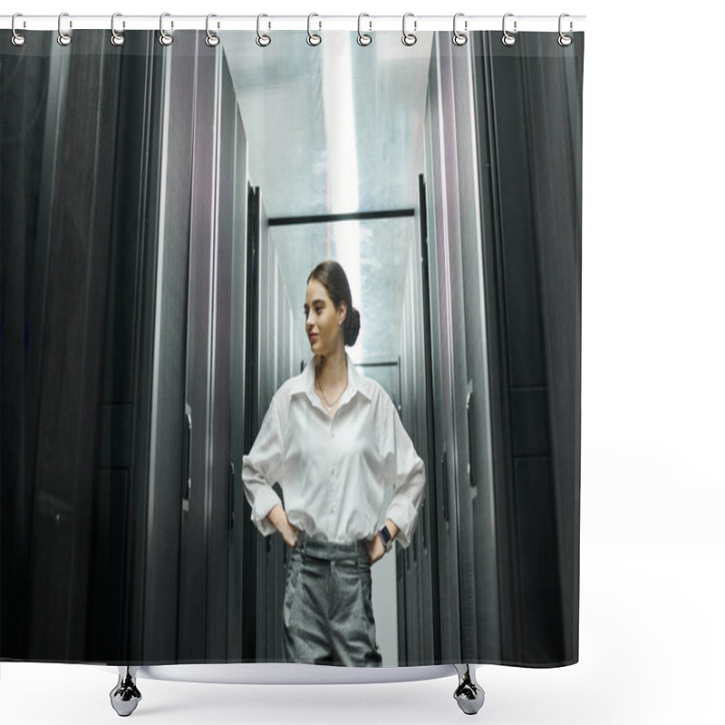 Personality  A Skilled Woman In A White Shirt Stands Confidently Among Server Racks In A Data Center. Shower Curtains