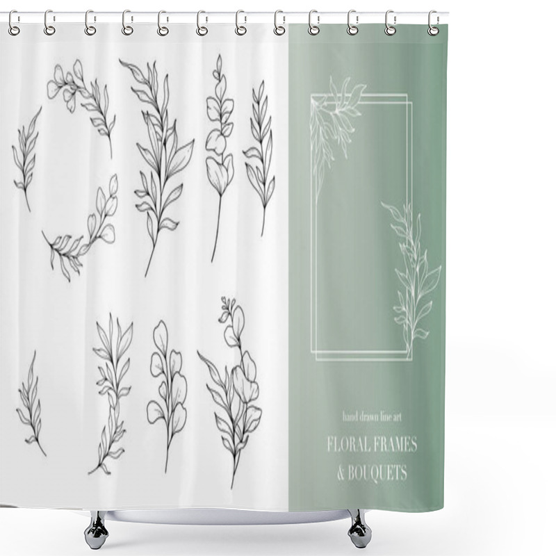 Personality  Eucalyptus Line Art. Floral Frames And Bouquets Line Art. Fine Line Eucalyptus Frames Hand Drawn Illustration. Hand Draw Outline Leaves And Flowers. Botanical Coloring Page. Eucalyptus Isolated Shower Curtains