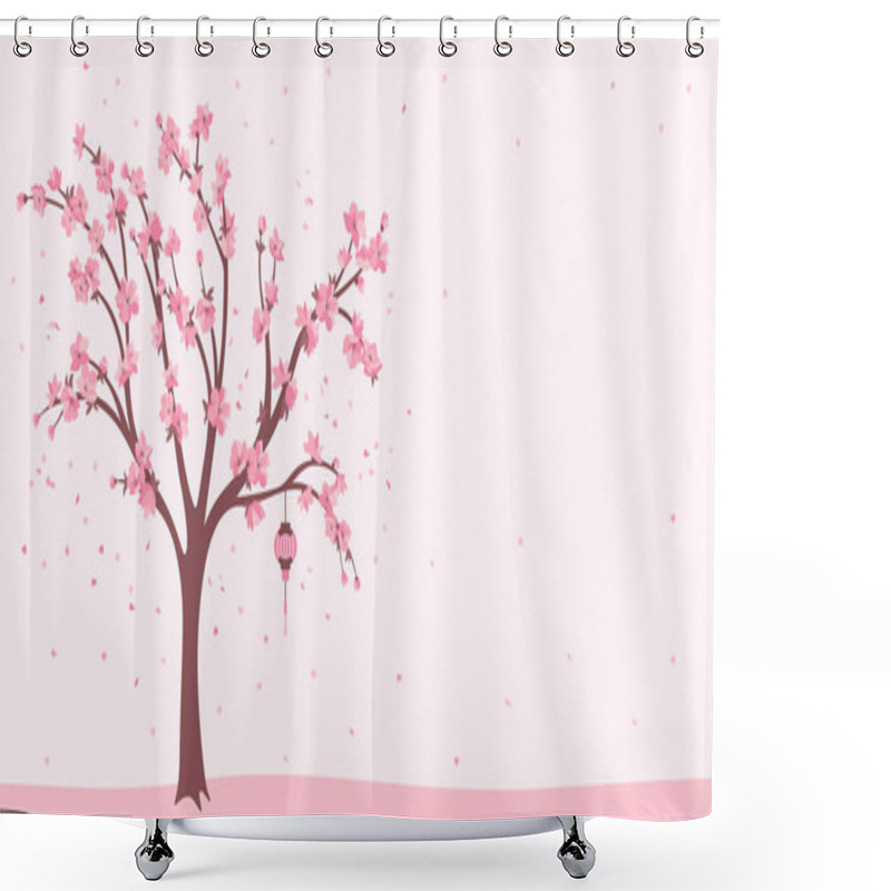 Personality  Sakura Cherry Blossom Tree Banner, Template Or Card. Elegant Japanese Blooming Plant With Pink Flower Petals, Chinese Lantern. Asian Cultural Spring Blossoming Background. Vector Oriental Illustration Shower Curtains