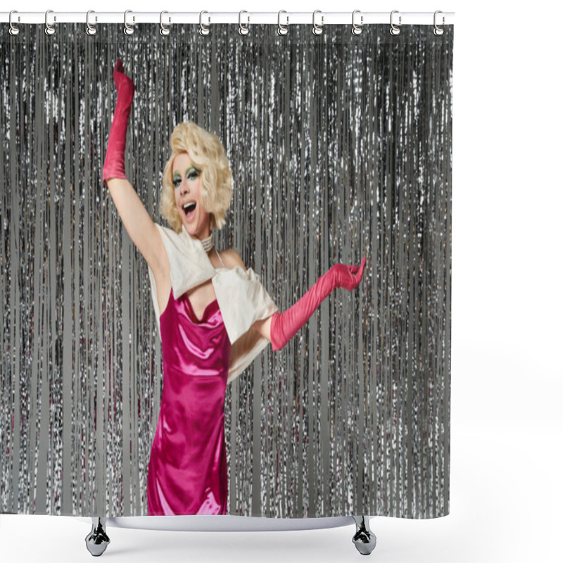 Personality  A Young Drag Artist Strikes A Glamorous Pose With Lively Enthusiasm. Shower Curtains