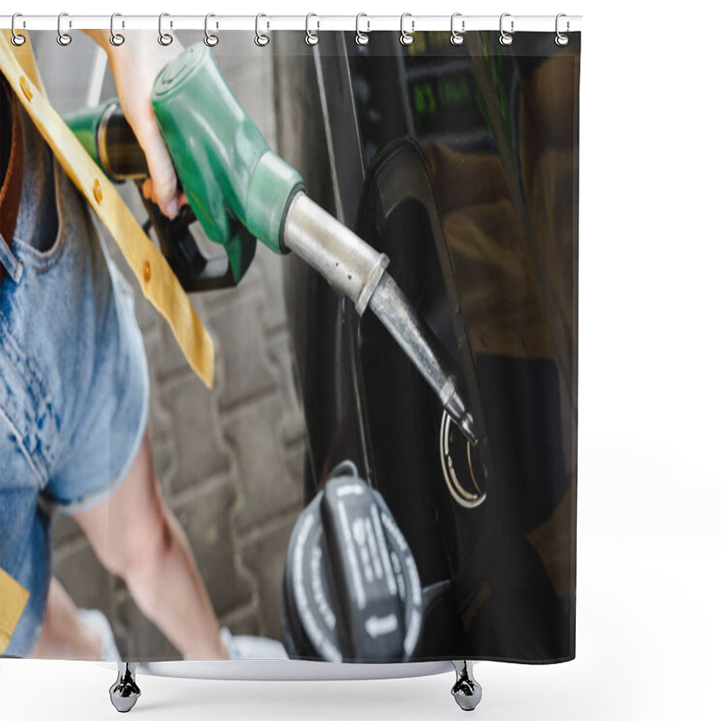 Personality  Cropped View Of Woman Holding Fueling Nozzle Near Car On Gas Station Shower Curtains