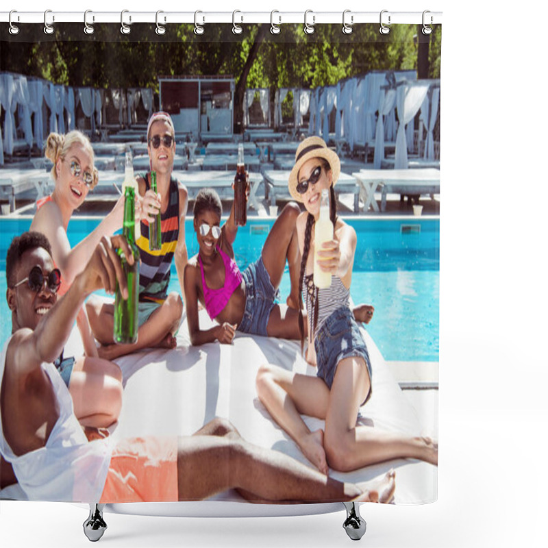 Personality  Multiethnic Friends Near Pool At Resort Shower Curtains