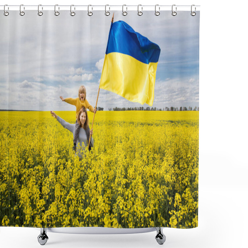 Personality  Mother With Her Son On Shoulders With Large Satin Flag Of Ukraine Among Blooming Yellow Rapeseed Field. Glory To Ukraine. Education Of Patriotism. Pride, Freedom, National Independence. Stop The War Shower Curtains