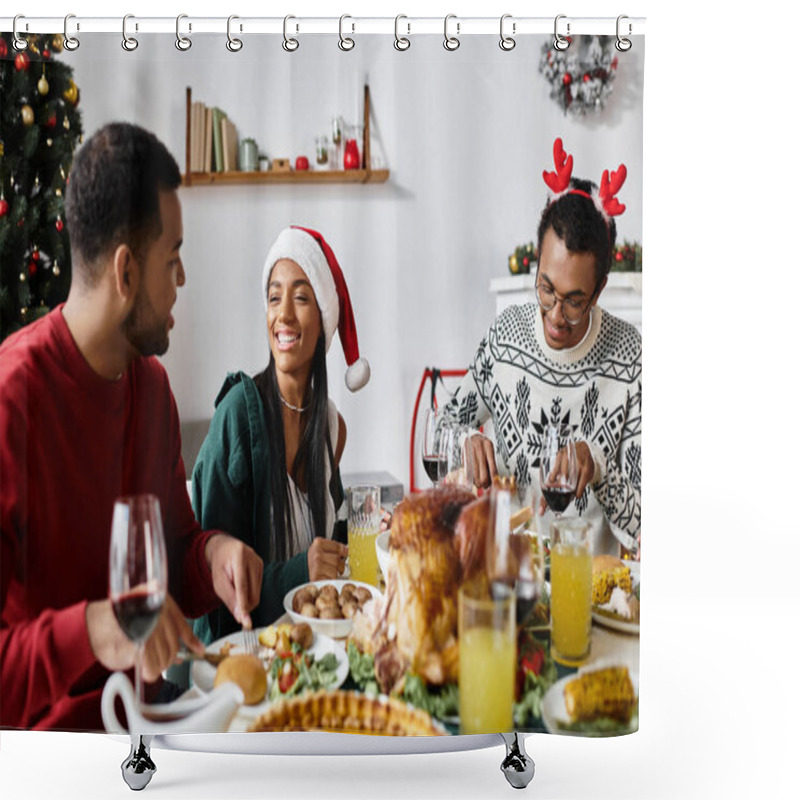 Personality  A Group Of Friends Enjoy A Delightful Christmas Meal, Sharing Laughter And Holiday Cheer Together. Shower Curtains